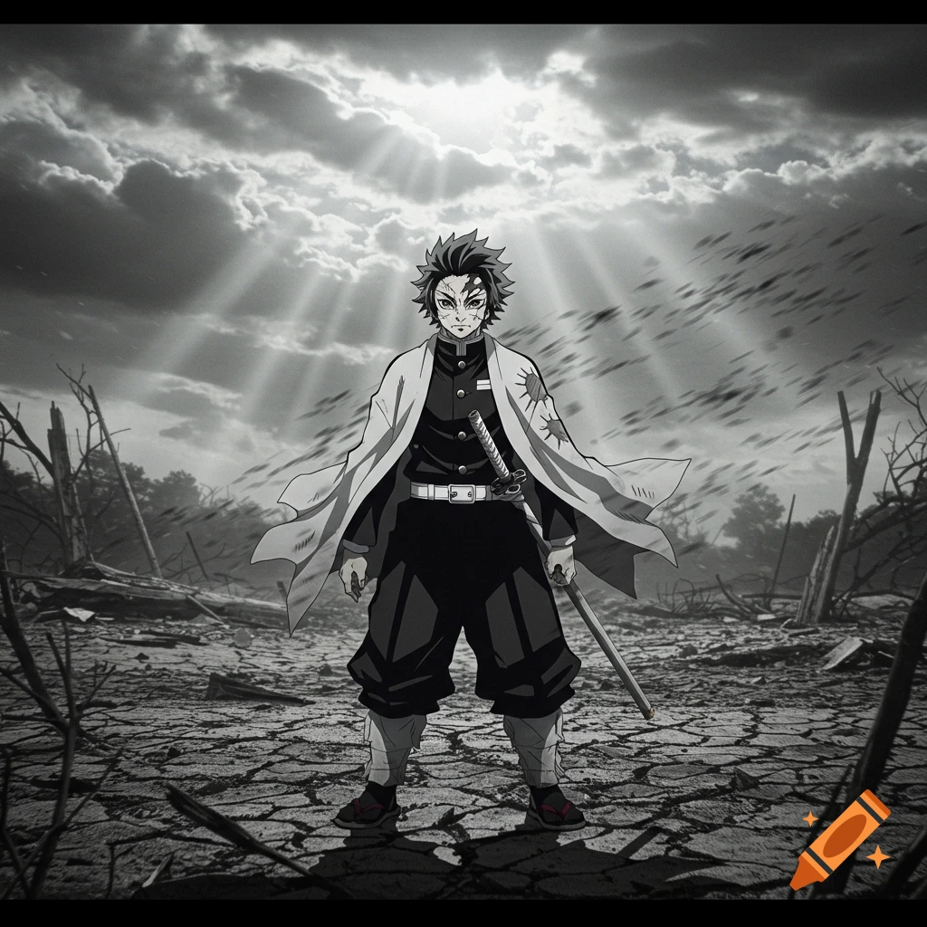 Black and white anime character standing in destroyed landscape