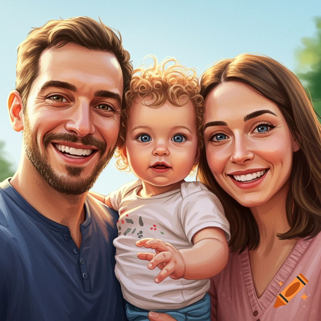 Smiling family portrait outdoors, featuring a man, woman, and toddler with curls.