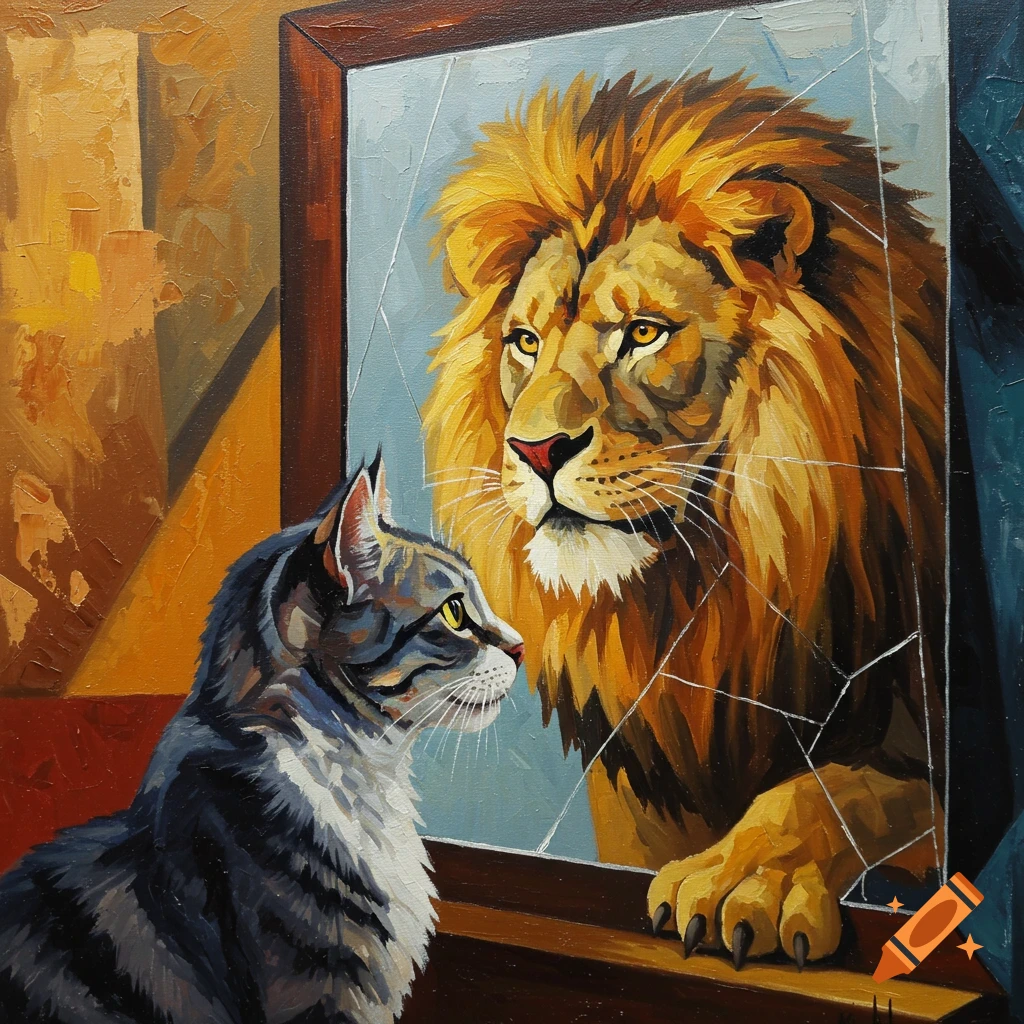 Oil painting of a cat looking in a cracked mirror, seeing a lion reflection.