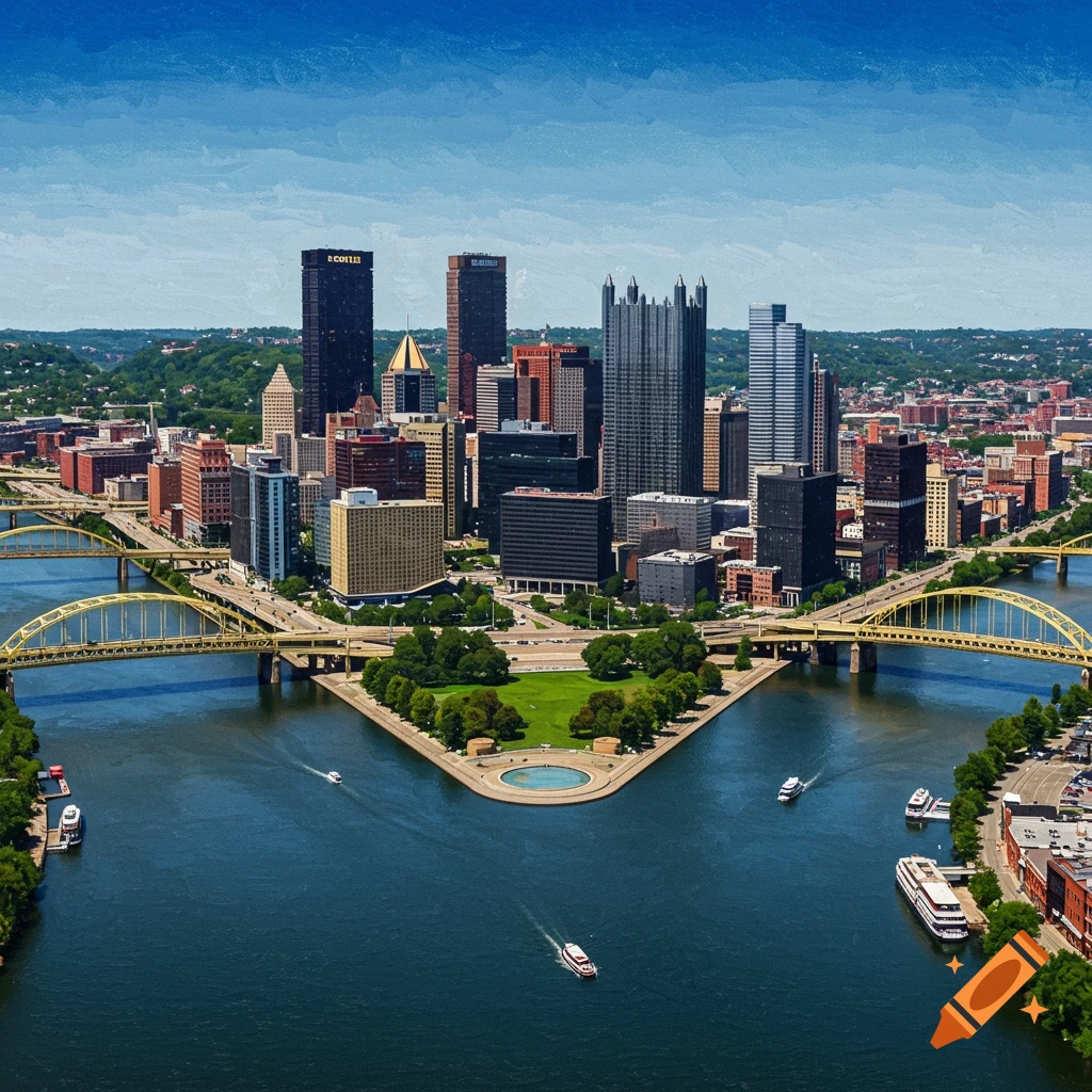 Aerial view of the Pittsburgh skyline with rivers and bridges in the foreground.