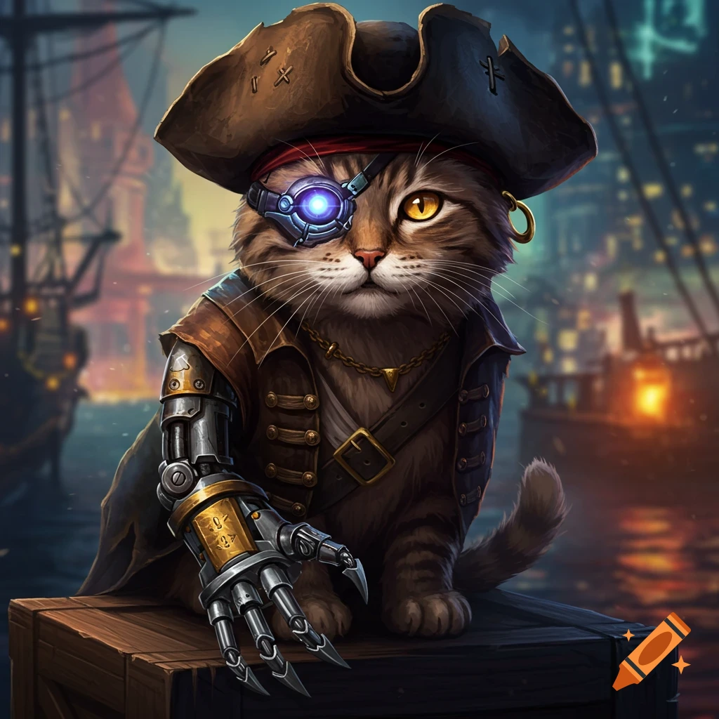 A cat dressed as a cyberpunk pirate with a mechanical arm sits on a crate in a harbor.