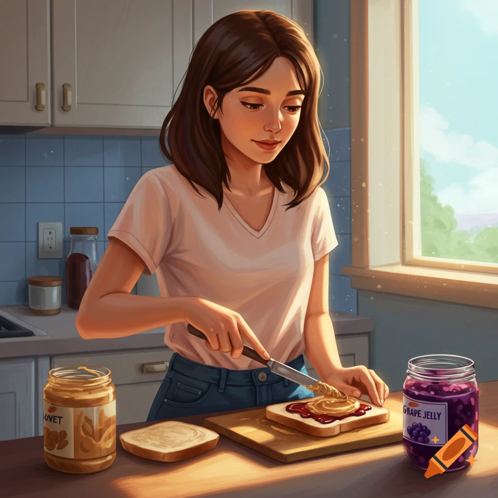 A woman making a peanut butter and jelly sandwich in a kitchen.