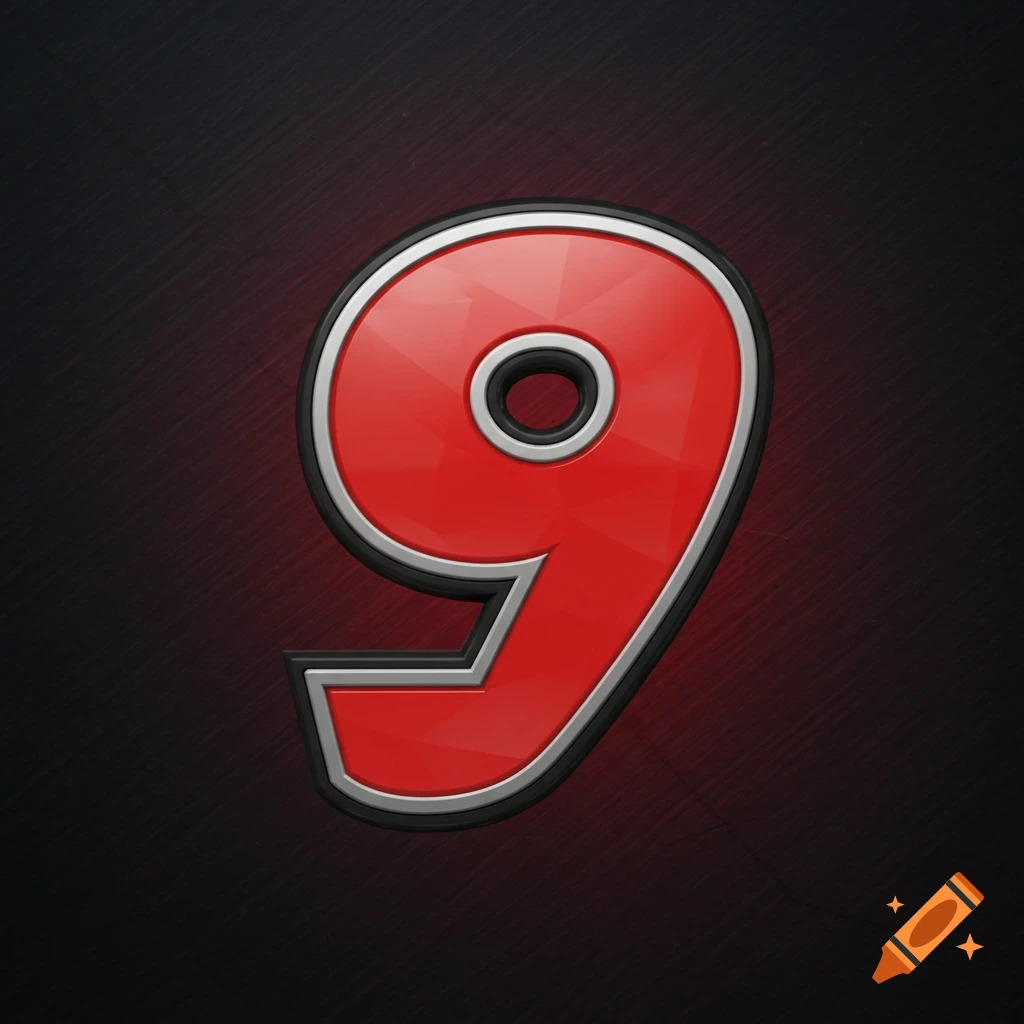 Stylized red number 9 logo with metallic outlines on a dark background.