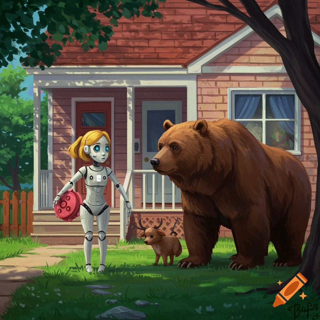 A robot stands outside a suburban house with a large bear and a small antlered creature in an illustration.