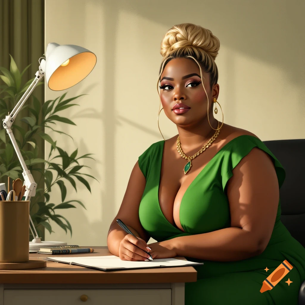 A woman with a blonde bun sits at a desk, writing.