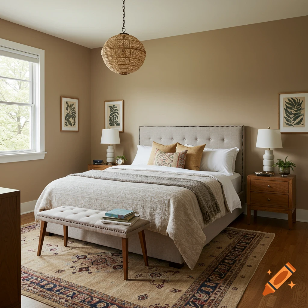 A bedroom scene with a bed, bench, rug, and window, in a boho-contemporary style.
