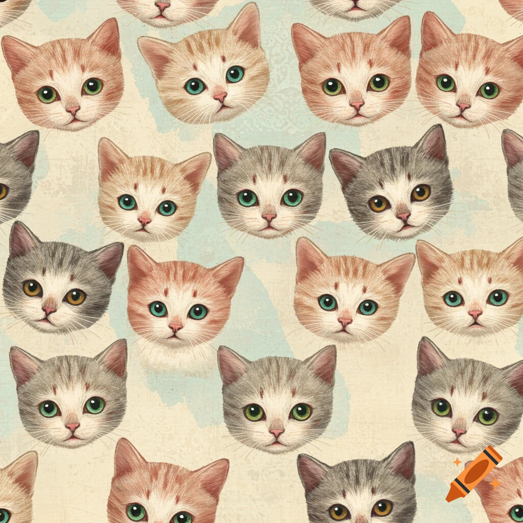Repeated pattern of realistic kitten faces in an aged, embroidered style.