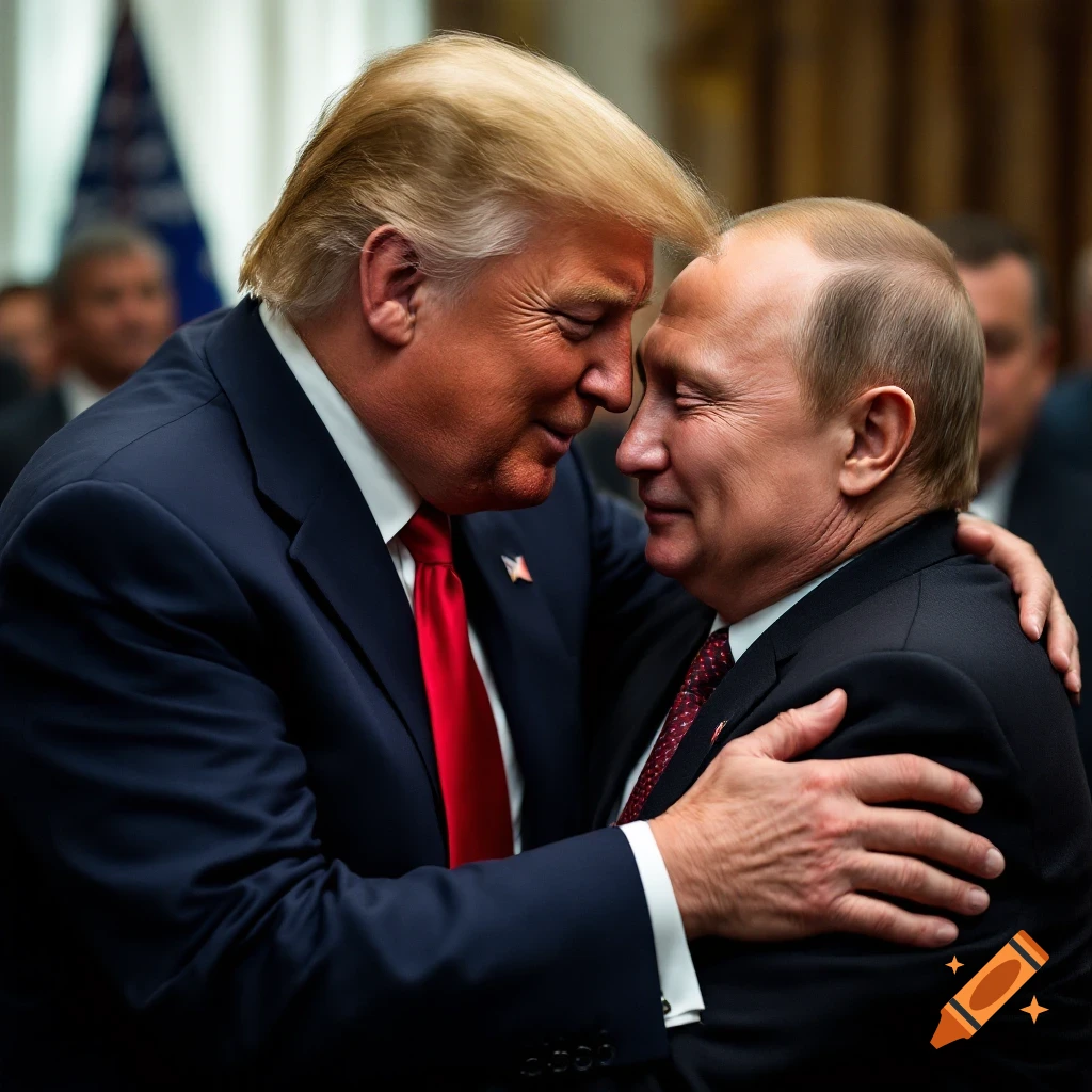 Donald Trump and Vladimir Putin hug.