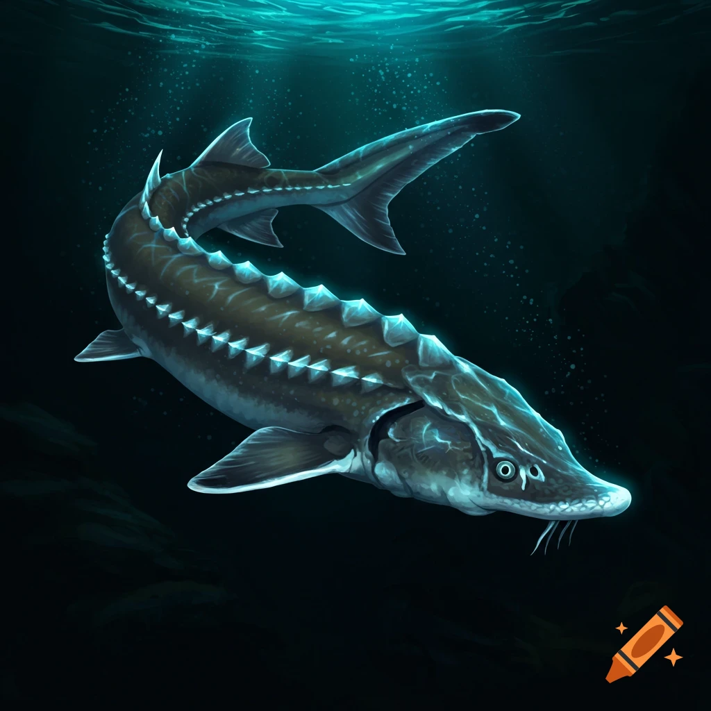 A glowing sturgeon swims in dark water with light filtering from the surface.