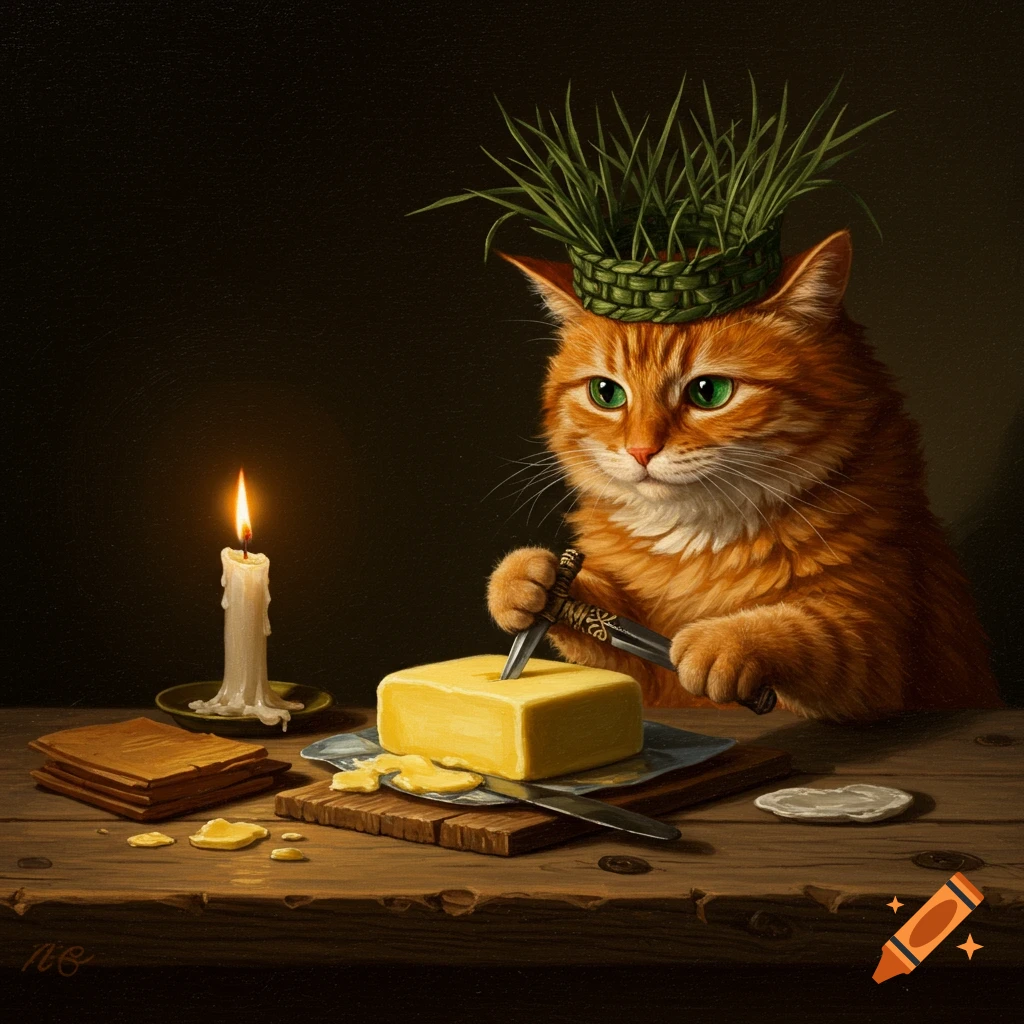 Oil painting of an orange cat with a grass hat cutting butter with a knife by candlelight.