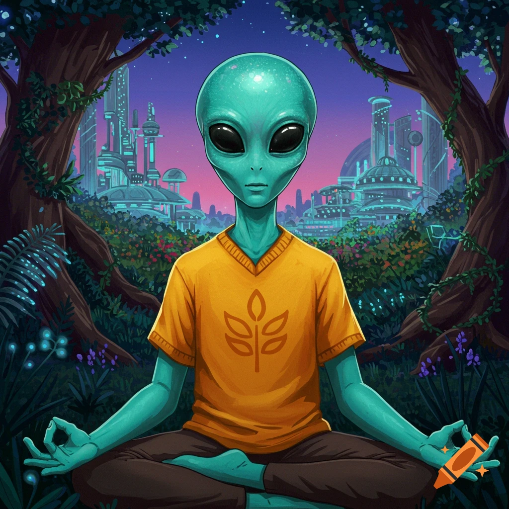 An alien meditates in a yellow shirt with a plant symbol, surrounded by trees and a futuristic city.