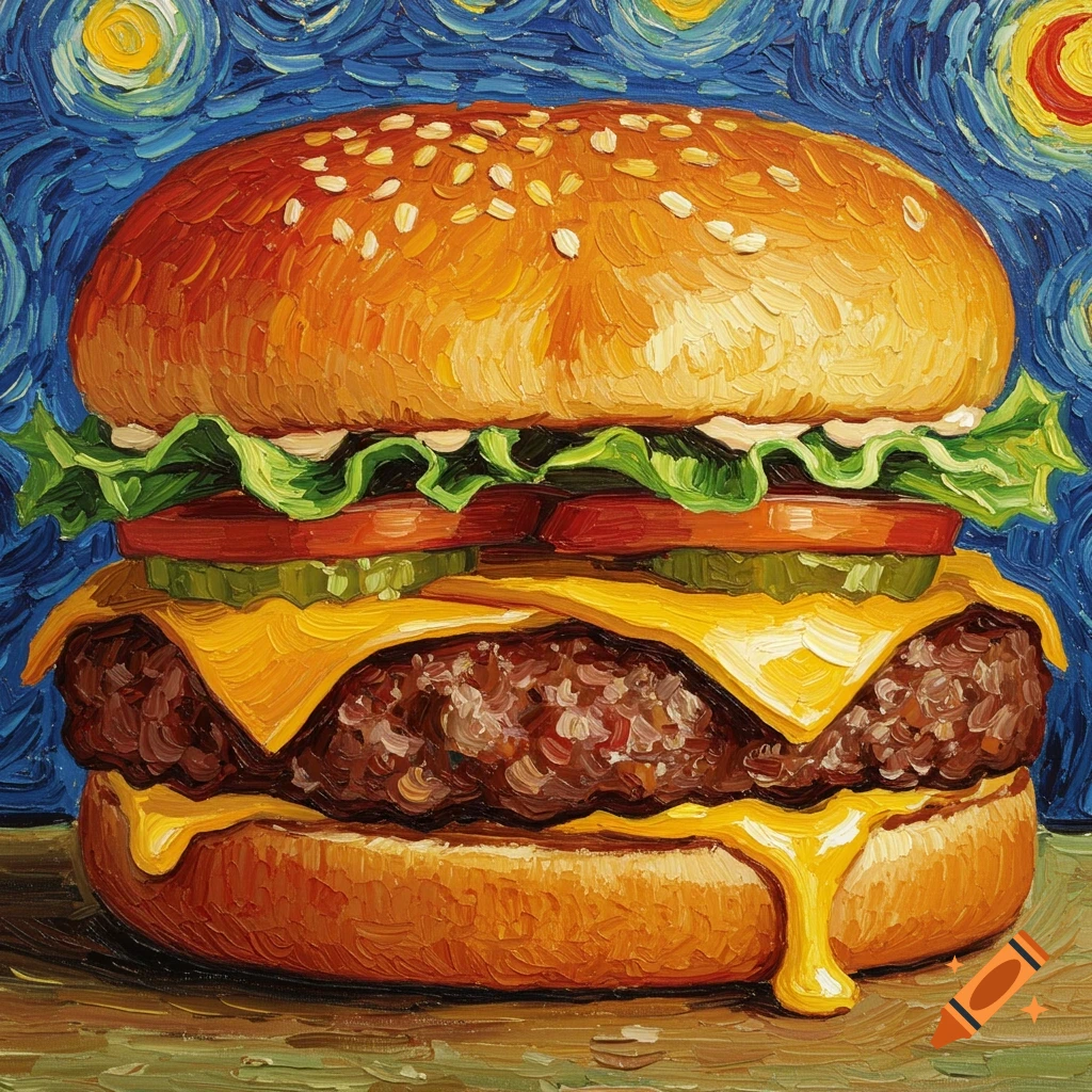 A detailed painting of a cheeseburger in the impasto style of Van Gogh.