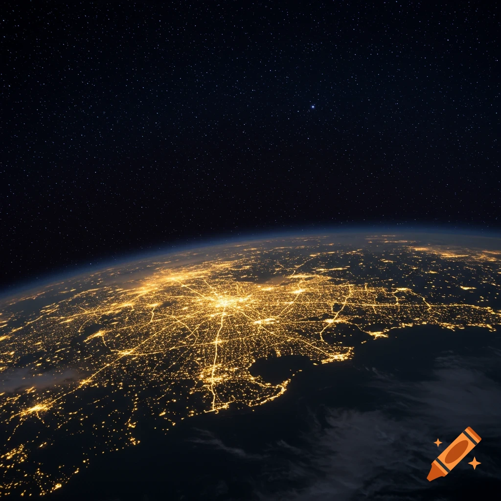 High altitude view of Earth at night with city lights visible below and stars in the sky.