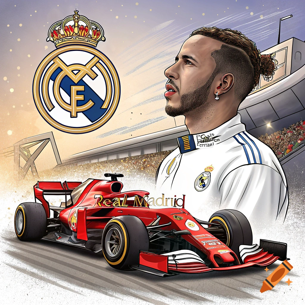 Cartoon illustration of a man in a Real Madrid jersey next to a red F1 car with Real Madrid text, a Real Madrid logo, and a stadium.