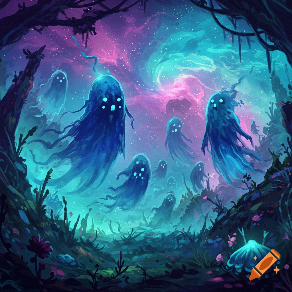 Stylized blue phantasms or ghosts float in a glowing forest under a cosmic pink and blue sky.