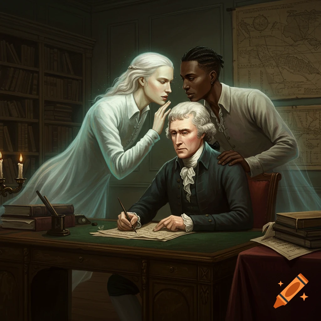 Thomas Jefferson writes at a desk while two ghostly figures whisper to him in a study.