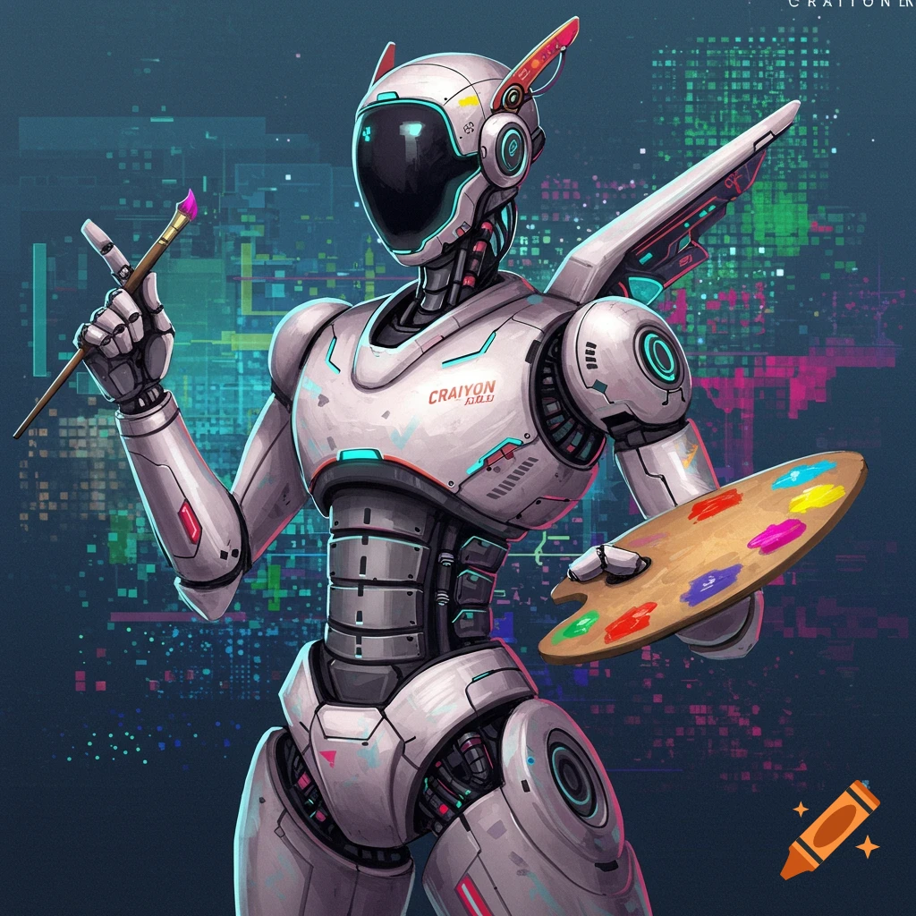 A white robot holds a paintbrush and an artist's palette with colorful paints against an abstract digital background.