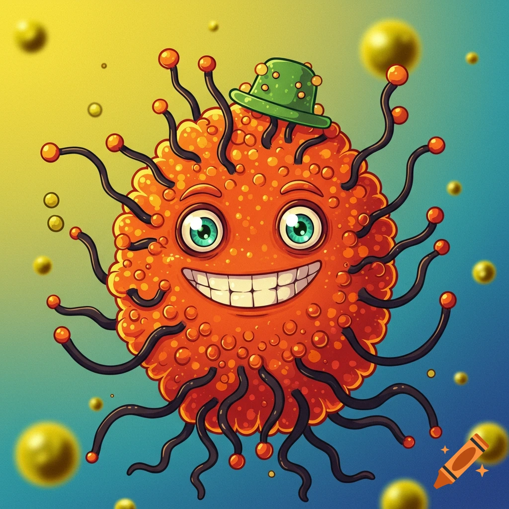 Cartoon orange microorganism with large eyes, tentacles, and a green hat
