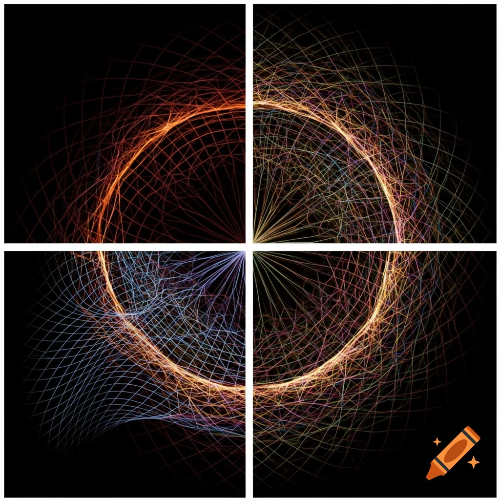 Abstract colorful swirling geometric pattern on a black background.