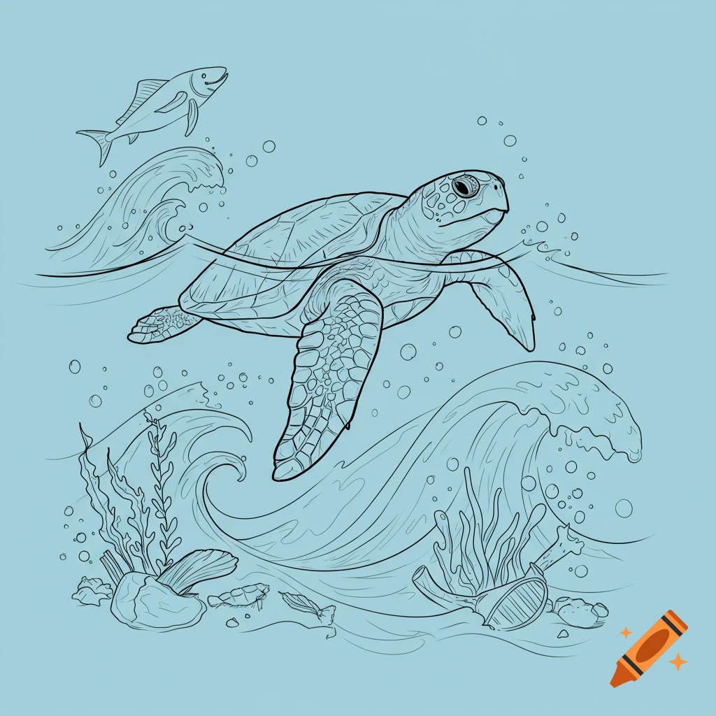 Line drawing of a turtle swimming in the ocean with a fish, waves, and underwater plants.