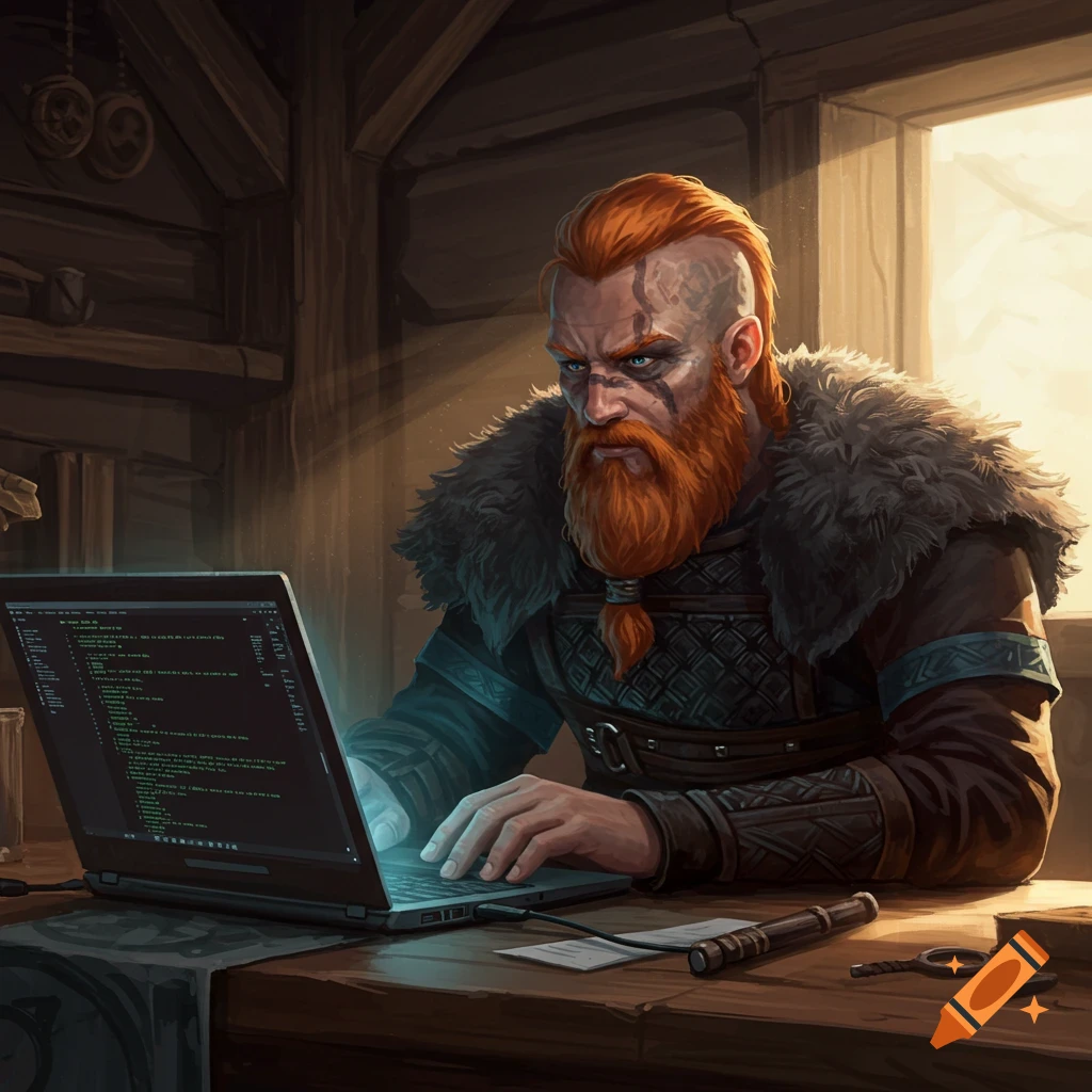 A red-bearded viking with face paint codes intently on a laptop in a rustic wooden room.