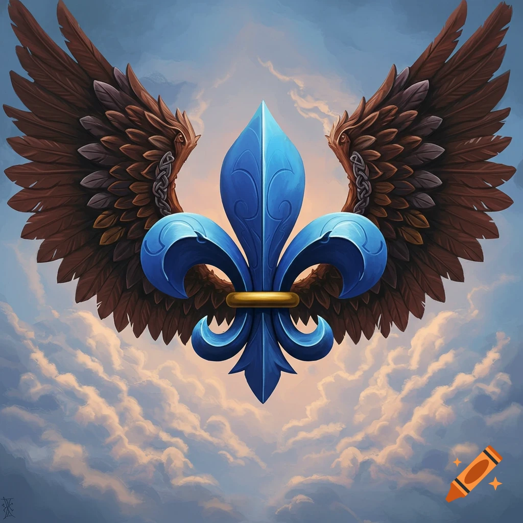 A blue fleur-de-lis with golden accents and large brown feathered wings against a cloudy sky background.