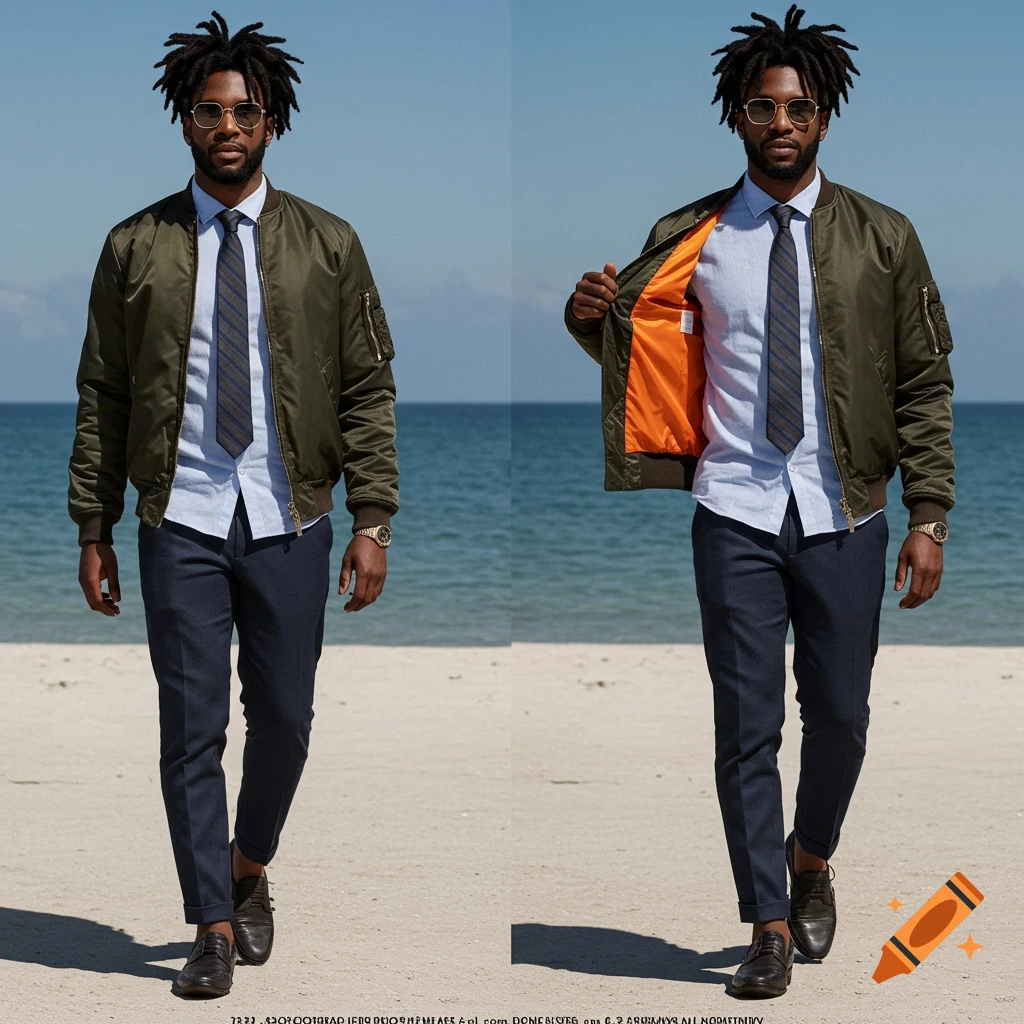 A Black man with dreadlocks in sunglasses, a bomber jacket, shirt, and tie walks on a beach.