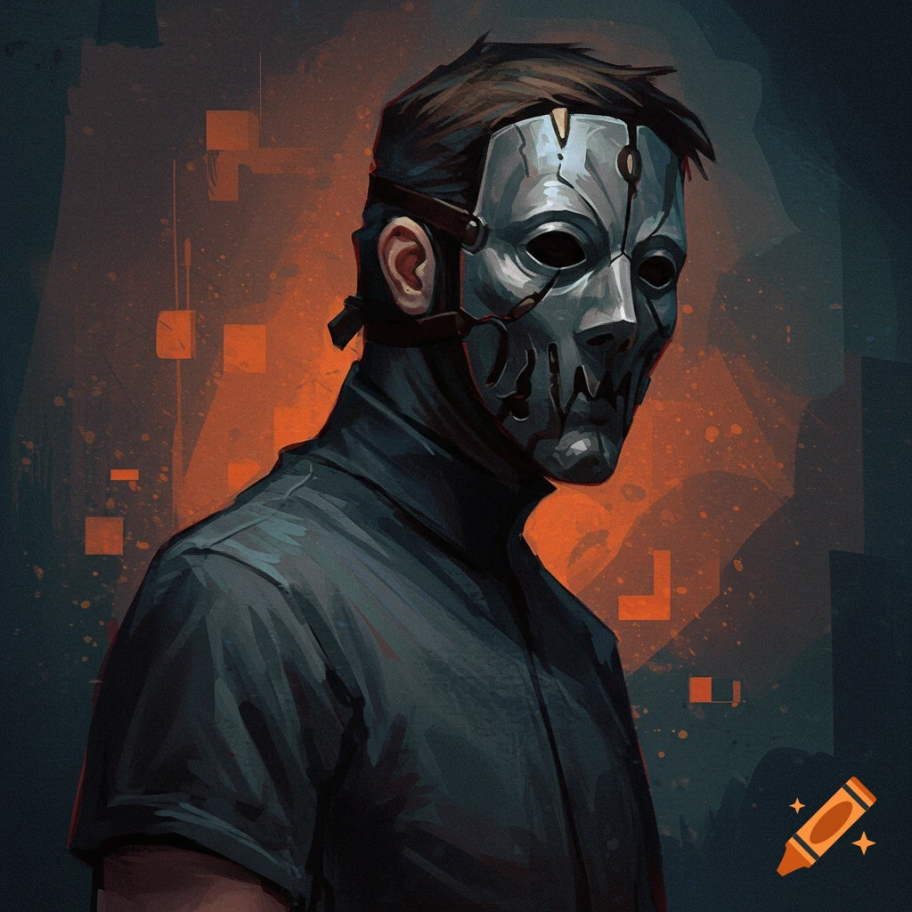 Portrait of a man wearing a stylized metal mask, with an orange background.
