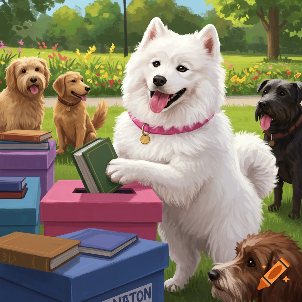 Illustration of happy dogs holding a book drive in a park, with one white dog dropping a book into a pink box.