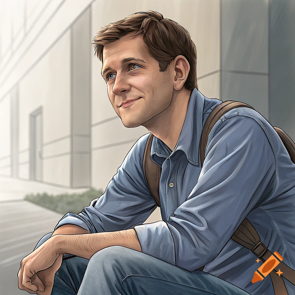 An illustration of a smiling man sitting outdoors near a modern building, looking up with a backpack on.