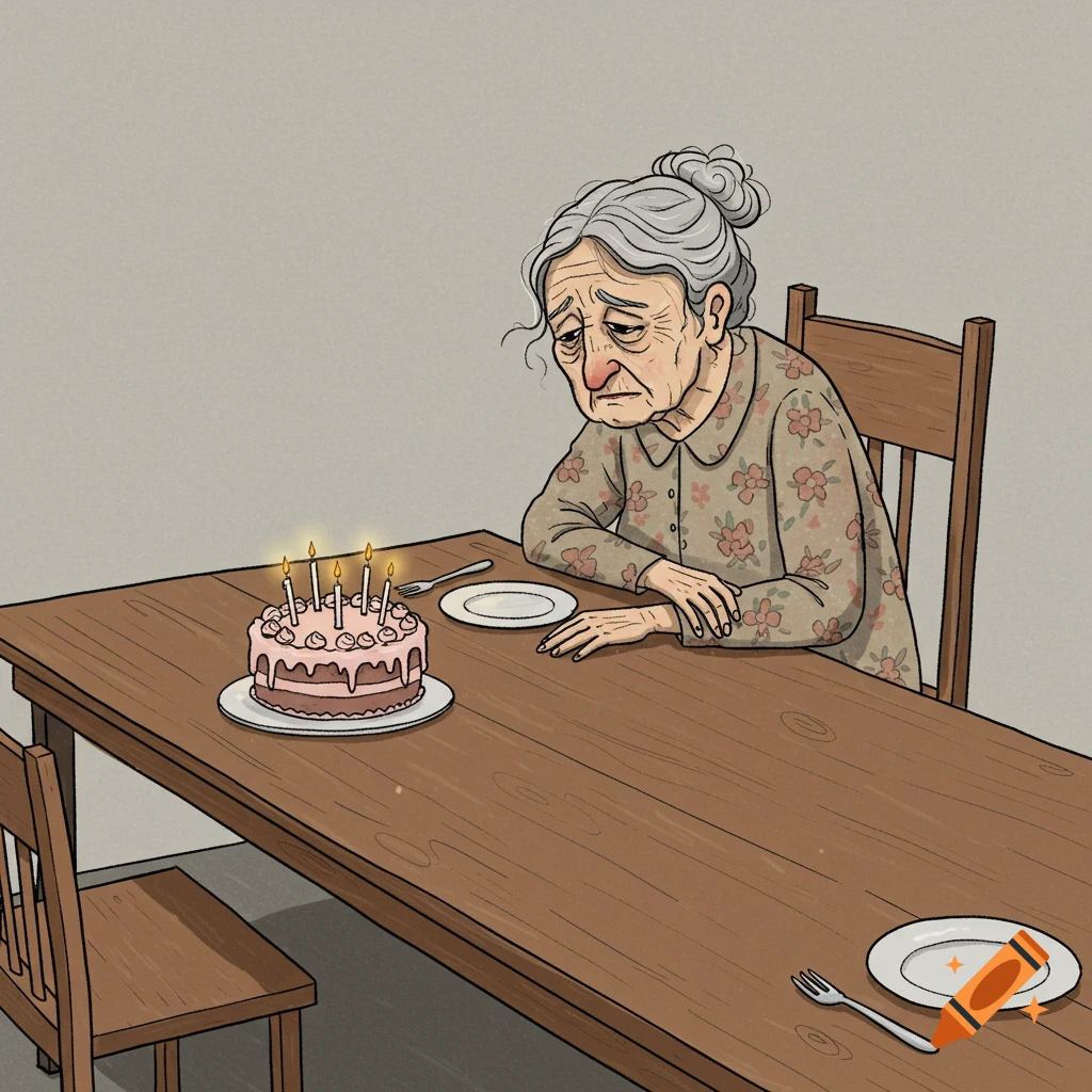 Drawing of a sad old woman sitting alone at a table with a birthday cake.