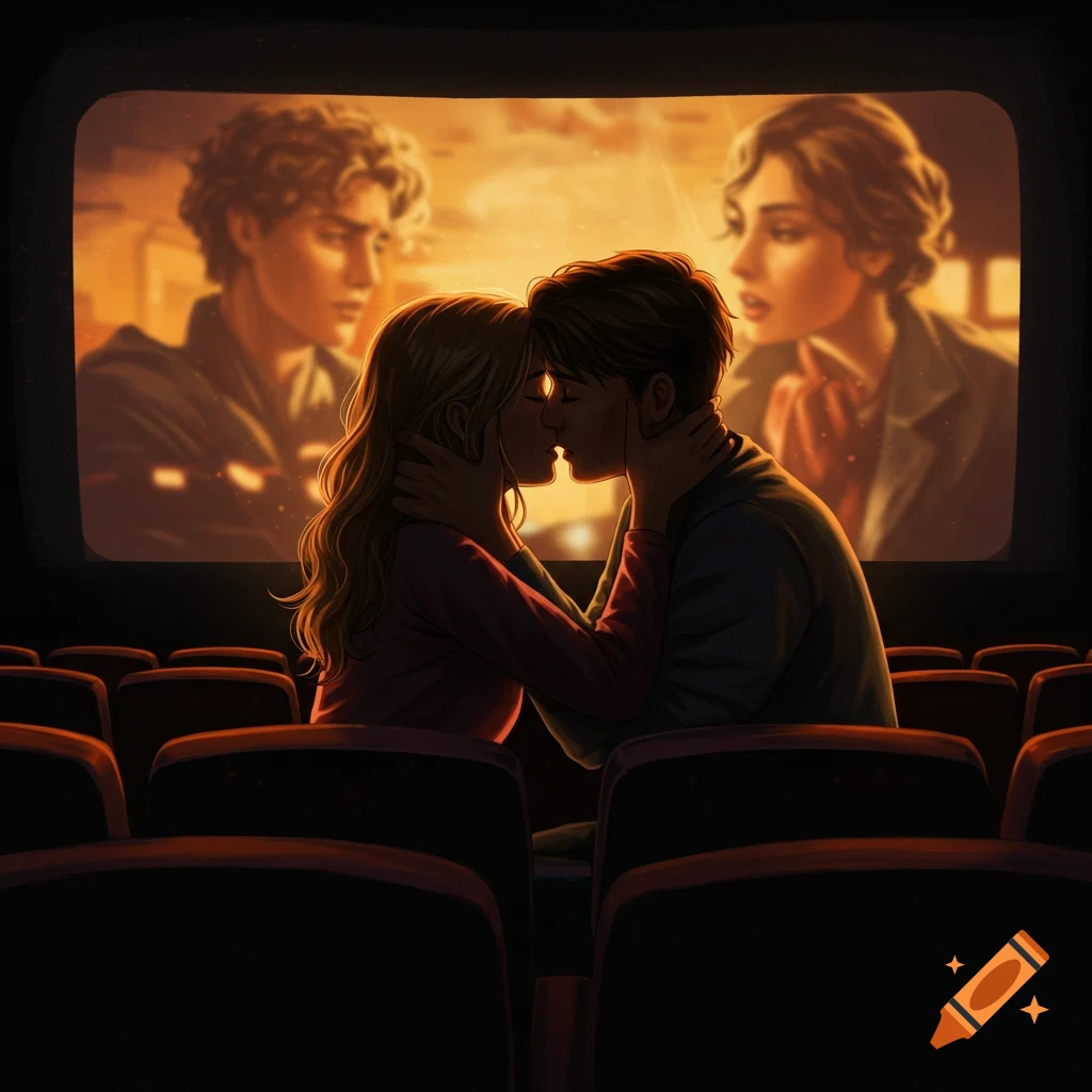 A couple kisses in a movie theater while watching a film on the screen.