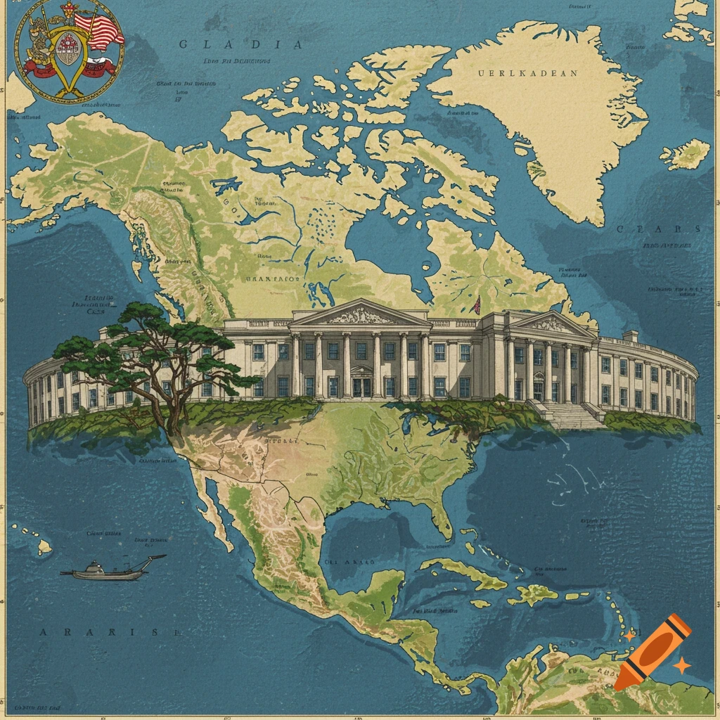 Stylized map of North America featuring a large building resembling the White House.
