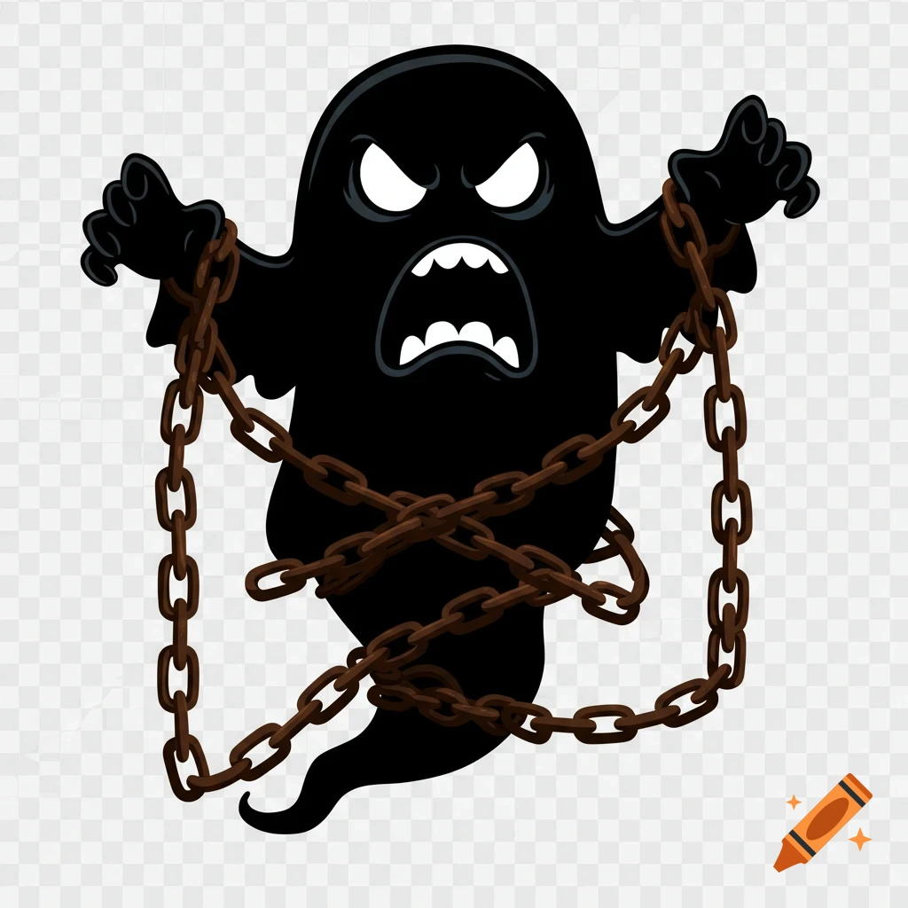 Cartoon black ghost trapped in chains with angry expression on a transparent background.