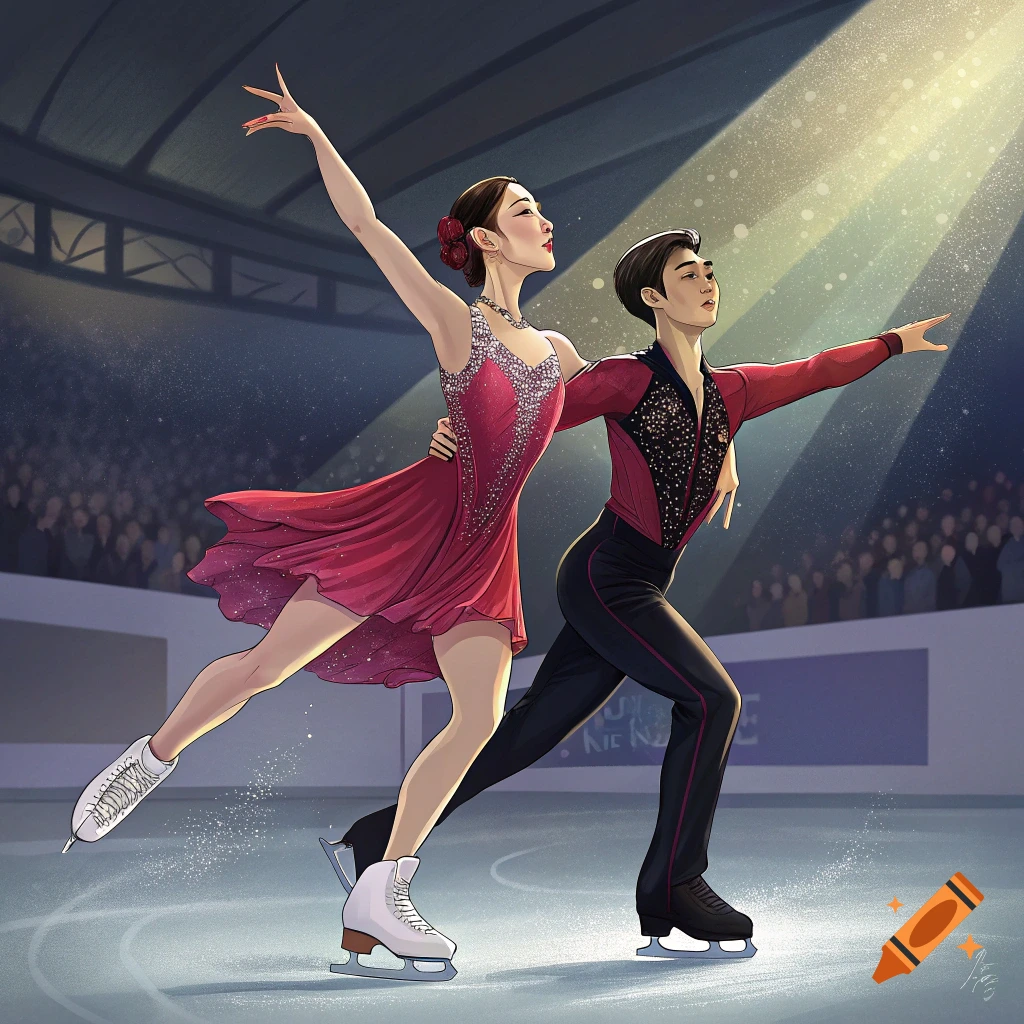 Illustration of two figure skaters, a woman in a pink dress and a man in a red suit, performing a pose on the ice.