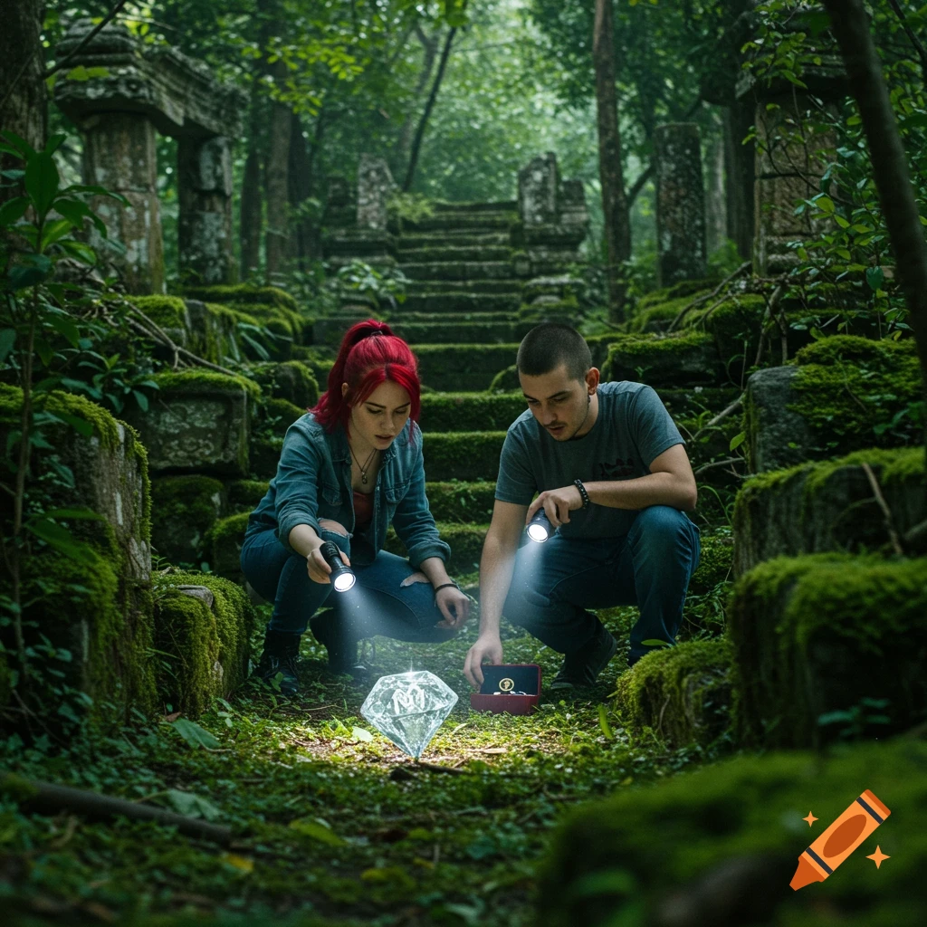 Two friends with flashlights examine a large diamond in overgrown ancient ruins in a forest.