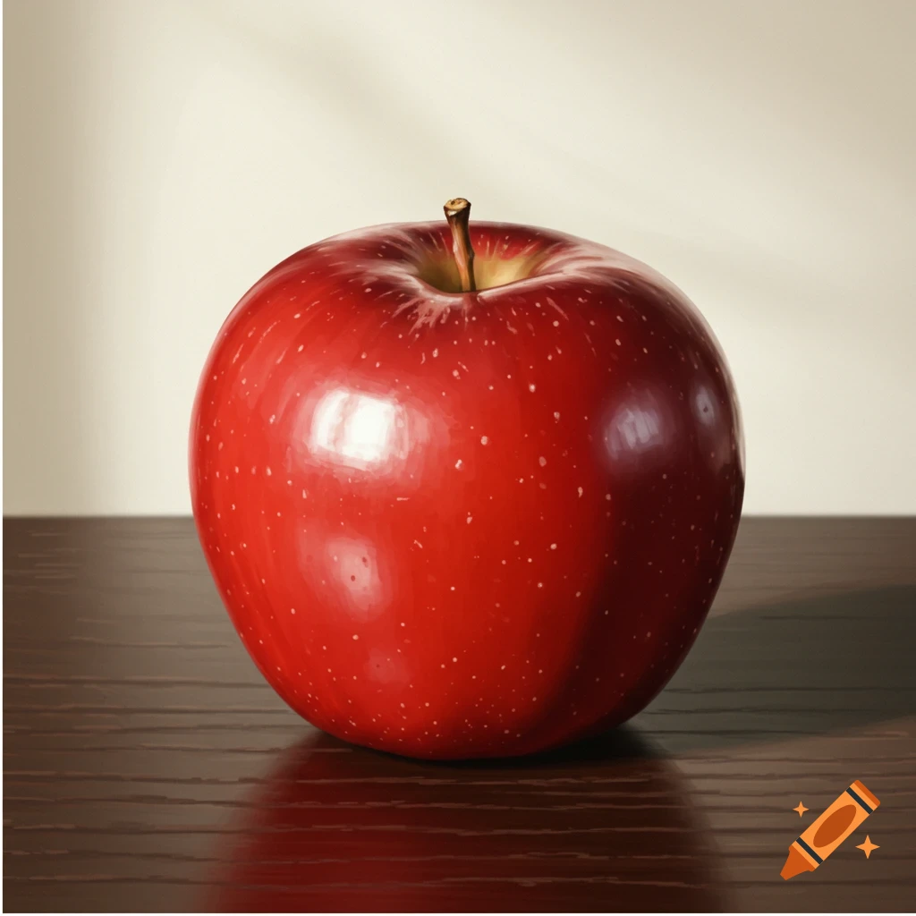 A photorealistic close-up of a single red apple on a dark wooden table.