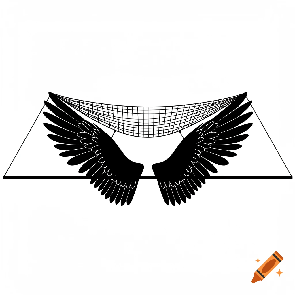 Simple black line art illustration of wings and a net on a horizontal line.