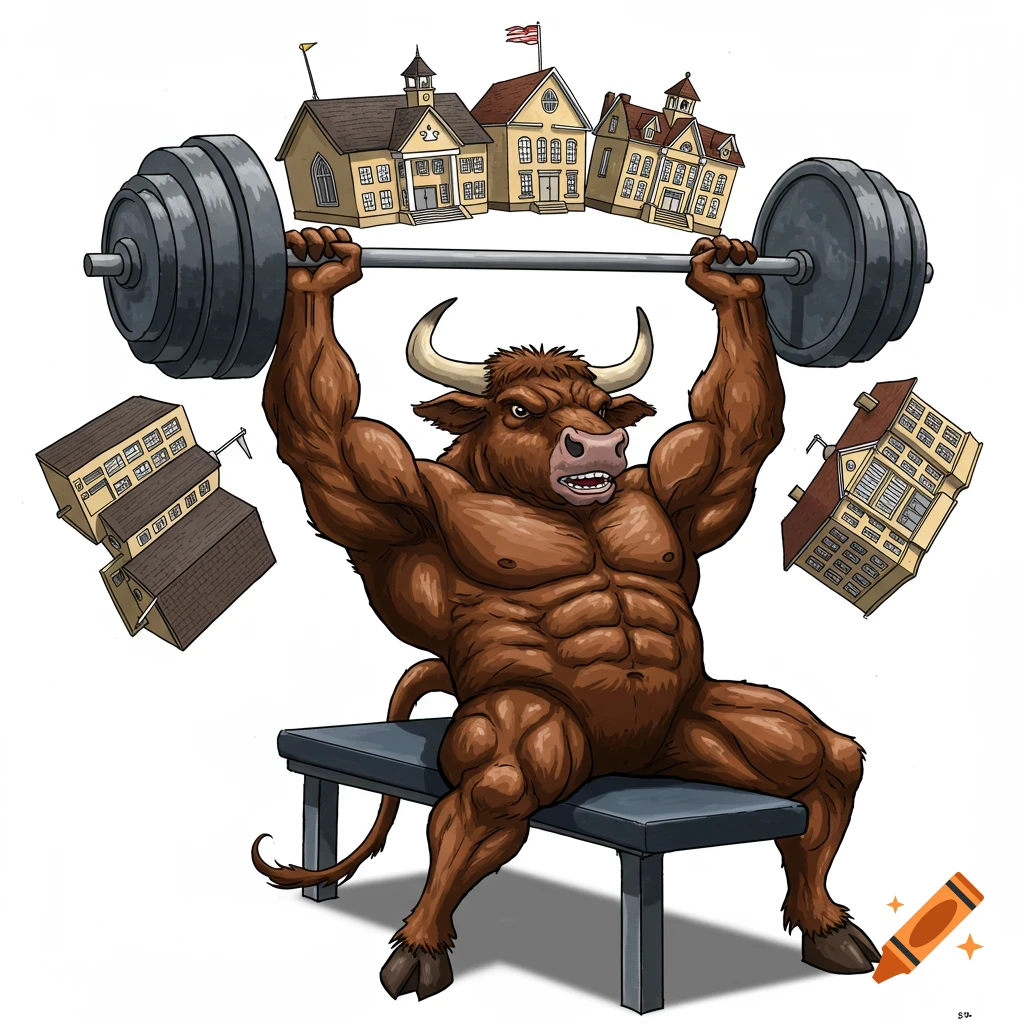 Muscular bull-like creature bench pressing a barbell loaded with schools. Illustration.