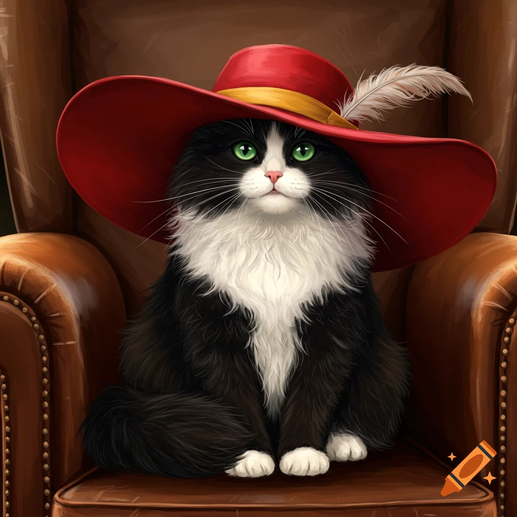 Illustration of a black and white cat wearing a large red hat with a feather, sitting in a brown armchair.