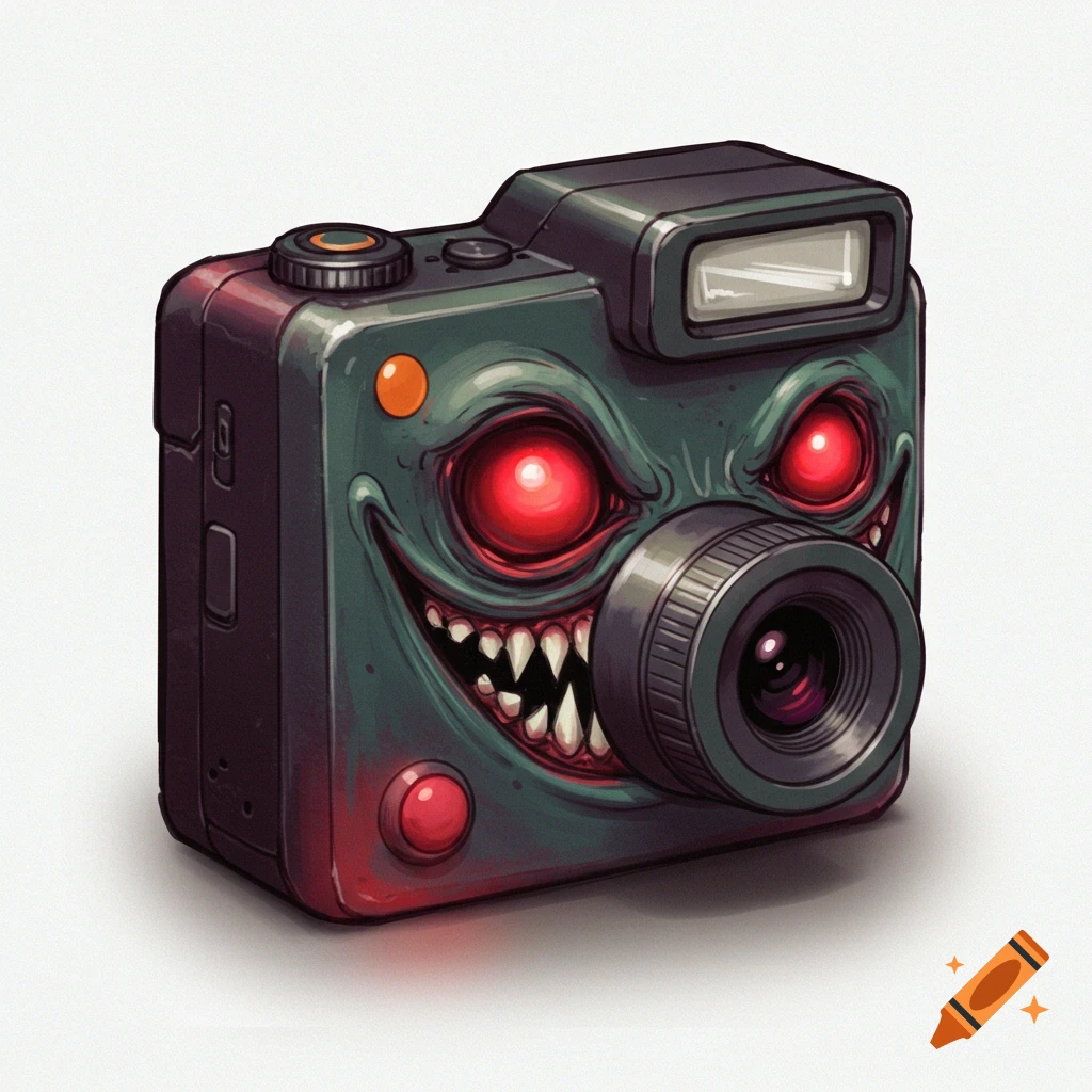 A green digital camera with red glowing monster eyes, sharp teeth, and a creepy grin.