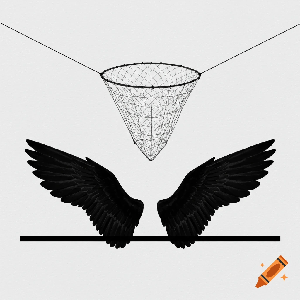 Minimalist black line art shows wings below a net, separated by a line.