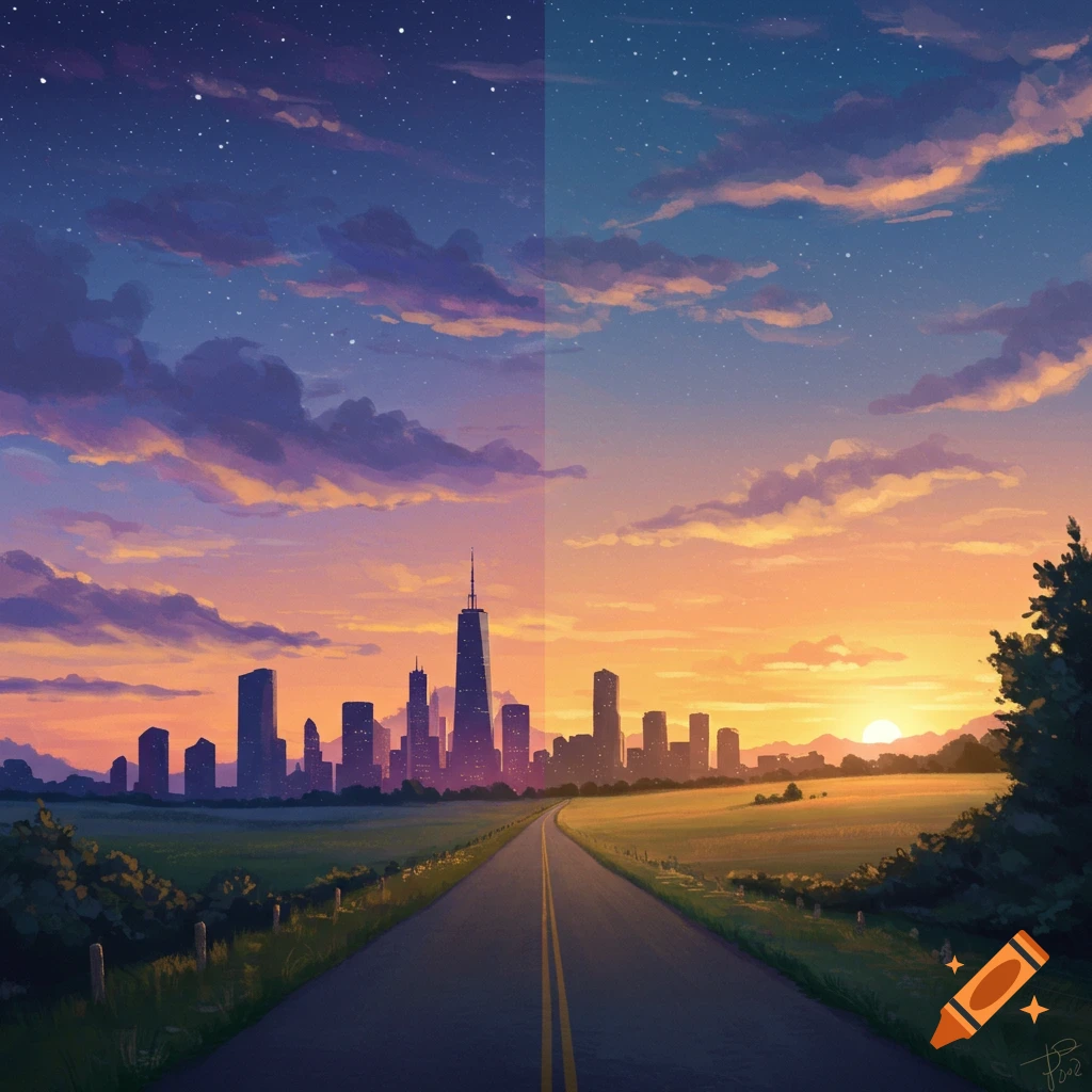 Illustrative split view of a city skyline; night on the left, sunset on the right, with a road leading towards it.