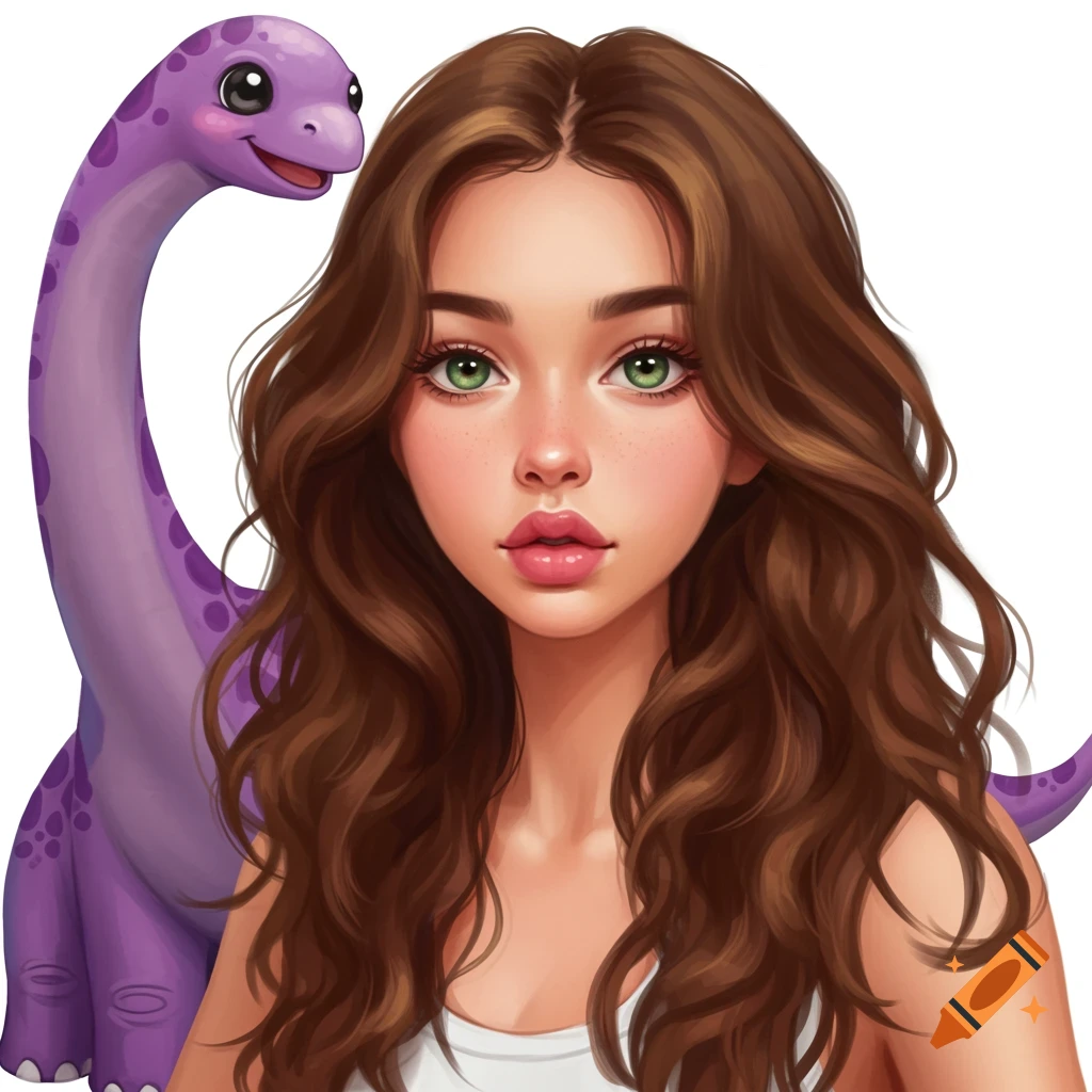 Cartoon portrait of a girl with green eyes and a smiling purple dinosaur.