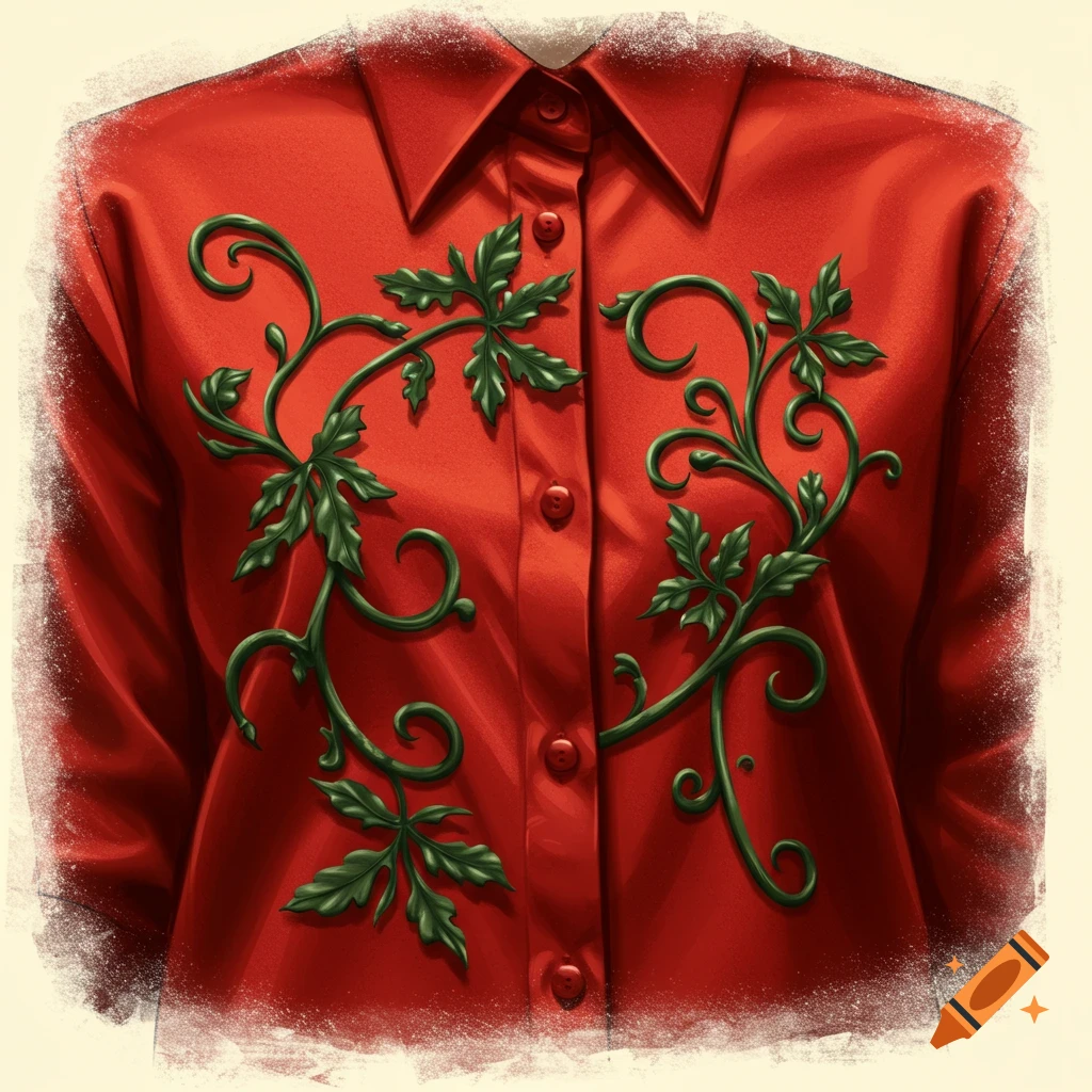 Close up of a red button-up shirt with green vine embroidery