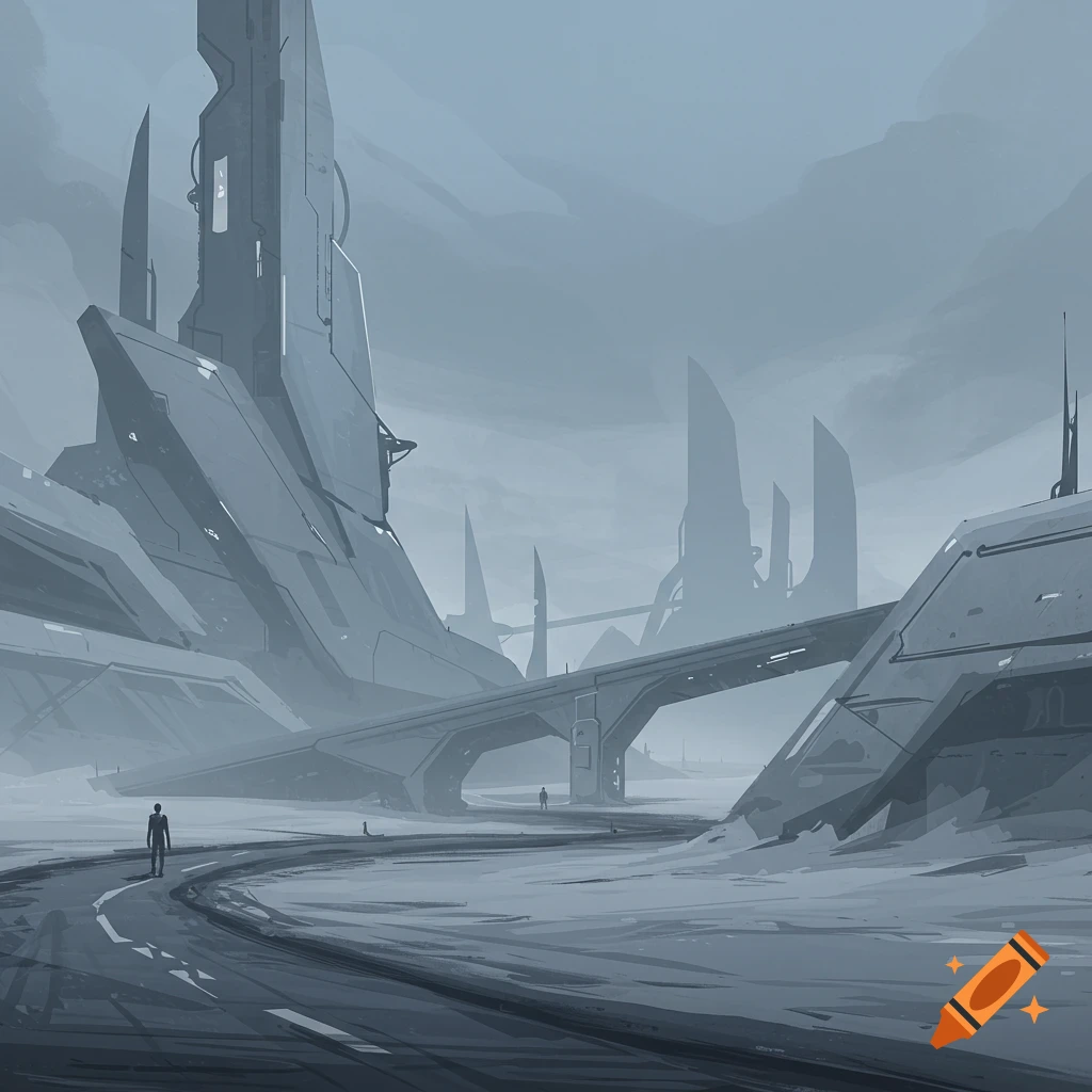 Monochromatic image of a dystopian landscape with futuristic architecture, a bridge, and figures on a road.