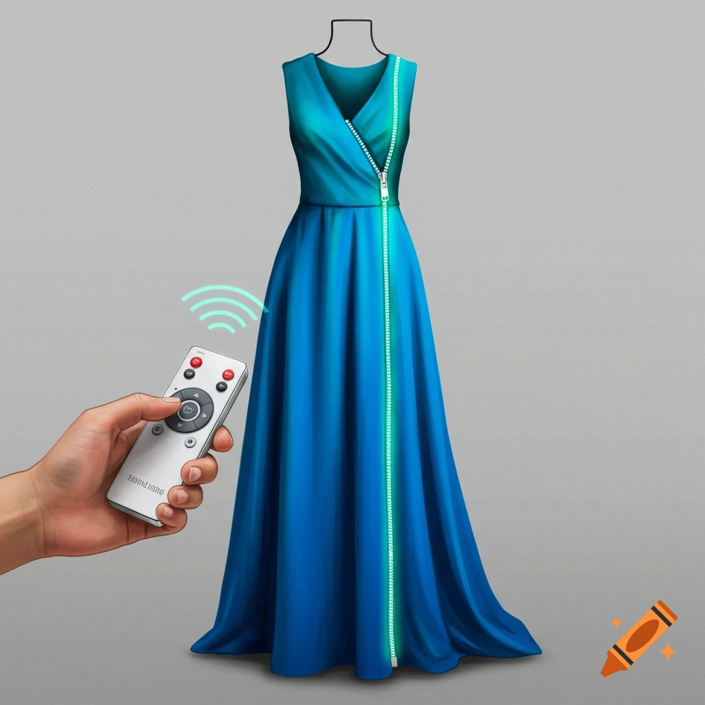 Digital illustration of a hand using a remote control to zip up a blue dress on a mannequin.