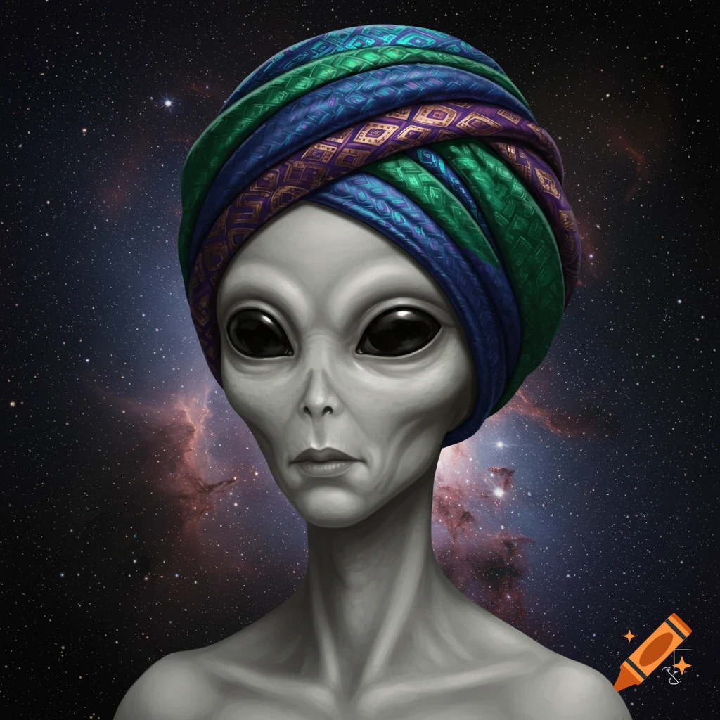 Portrait of a gray alien wearing a colorful turban against a starry space background.