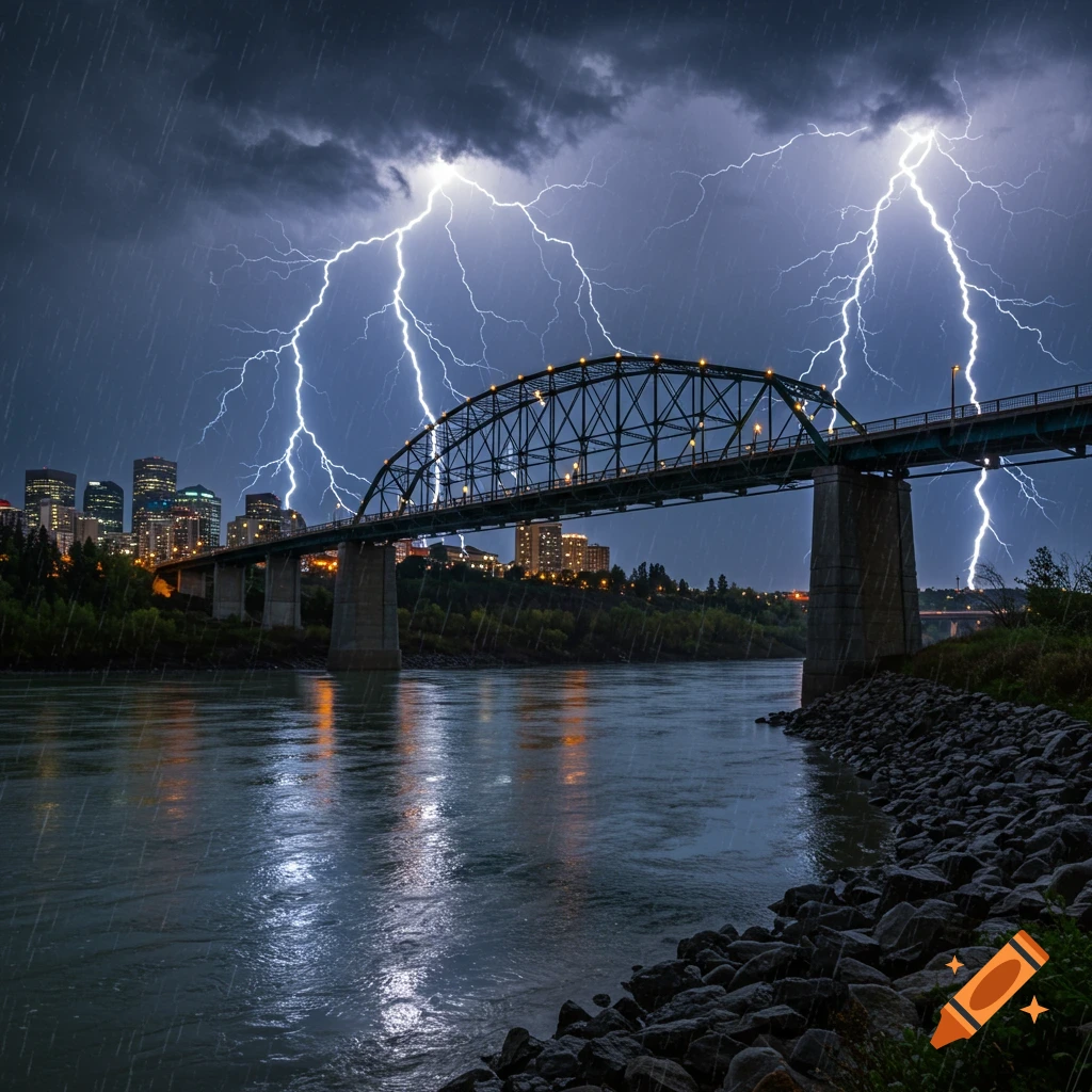 Photorealistic image of a bridge over a river with a city skyline during a rainstorm with lightning strikes.
