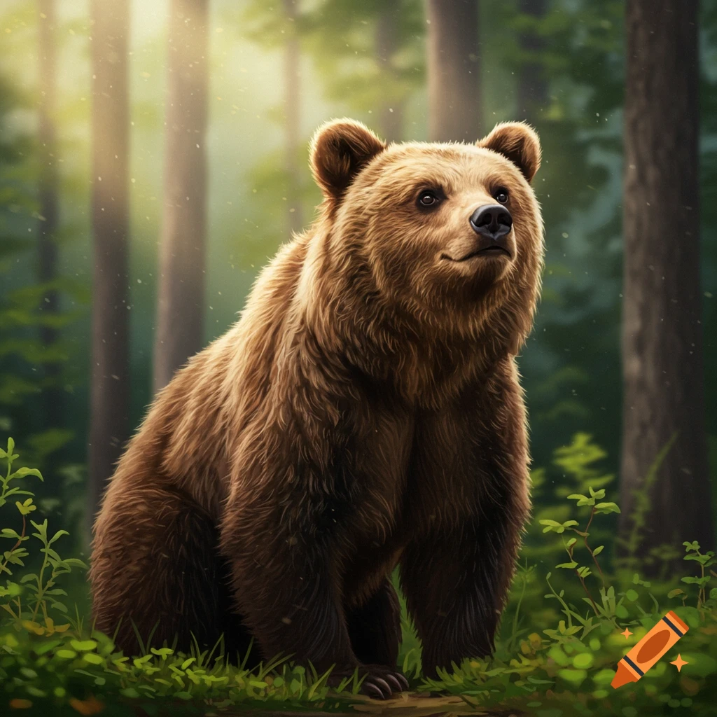 A brown bear sits in a sunlit forest clearing.